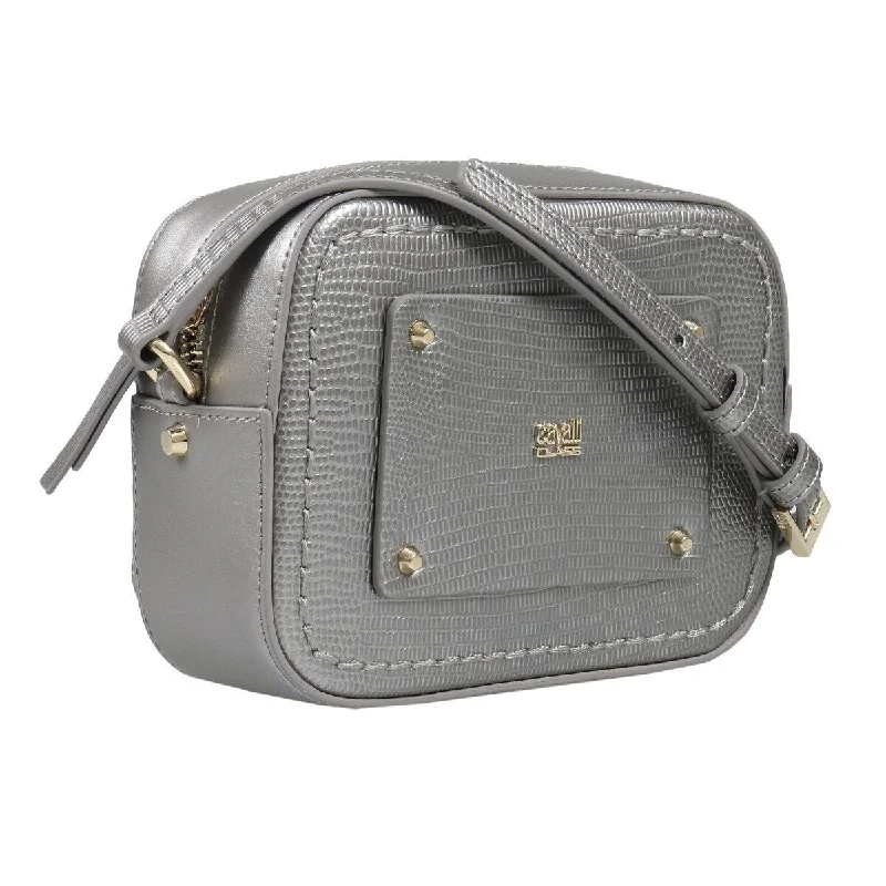 Vegan leather handle bags for eco-friendly chic -Roberto Cavalli HXLPE0 001 Grey Shoulder Bag for womens