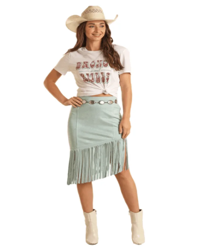 Fringed Dresses for Edgy -Rock & Roll Cowgirl Women's Light Turquoise Asymmetrical Fringe Microsuede Skirt BW69B03278-TQ