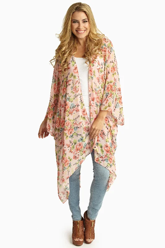 Brown - cardigan for an earthy and warm look -Pink Multi-Color Floral Sheer Maxi Cardigan