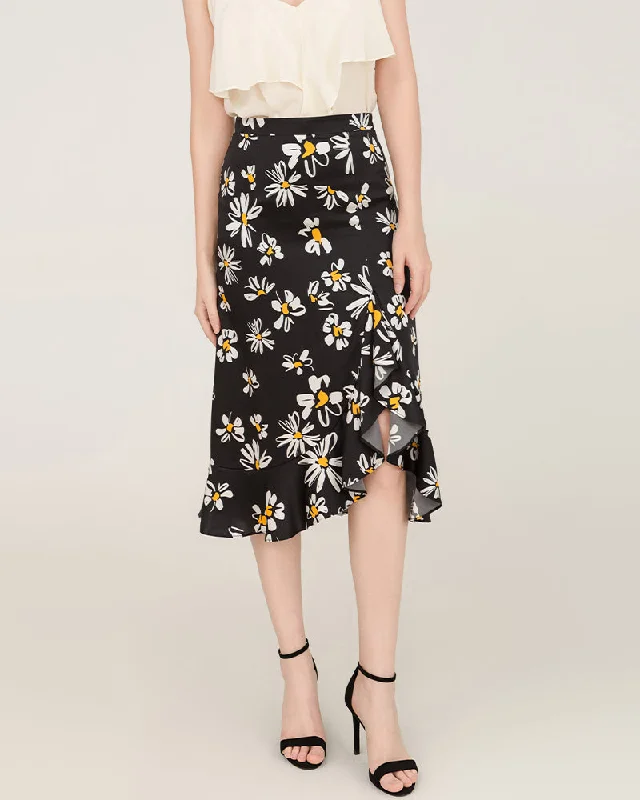 Graduation Dresses for Milestone -Daisy Print Asymmetrical Hem 100% Silk Midi Skirt