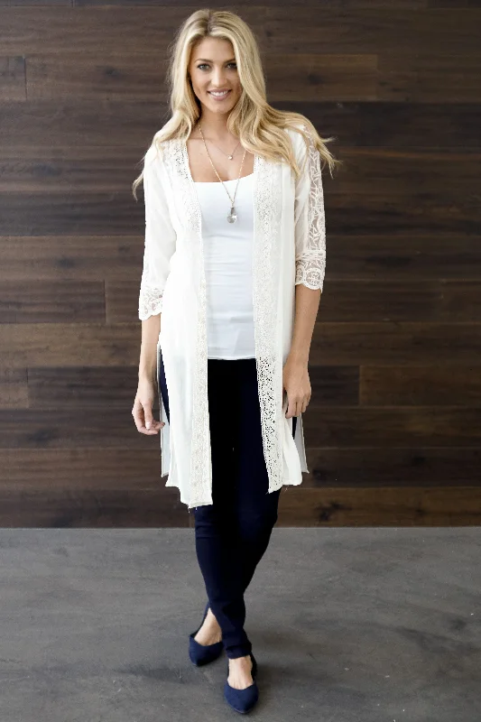 Party - cardigan for a fun night out -Ivory Lace Accent Short Sleeve Long Cardigan