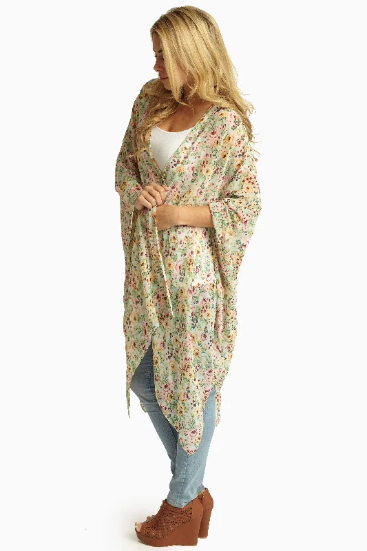 Fine - knit cardigan for a smooth finish -Mint Multi-Color Floral Sheer Maxi Cardigan