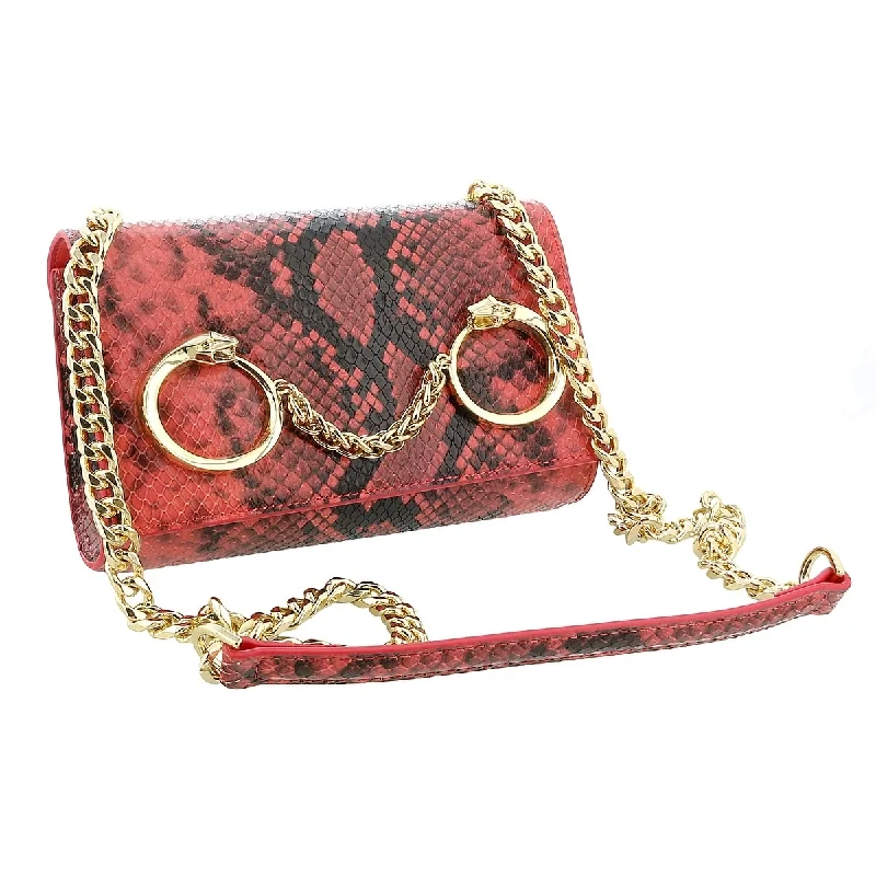 Handle bags with metallic finishes for shine -Roberto Cavalli Class Coral Snakeskin Textured Millie Deluxe Small Clutch for womens