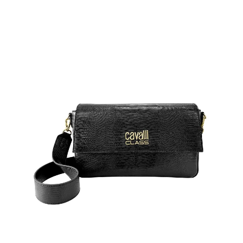 Handle bags with suede accents for texture -Cavalli Class CATANIA Black Snakeskin Textured Medium Crossbody Bag for womens