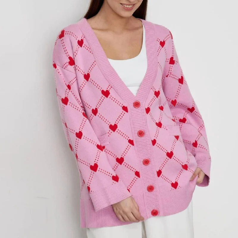 Maternity cardigan for expecting moms -Women's Oversized V-Neck Knitted Cardigan with Heart Print