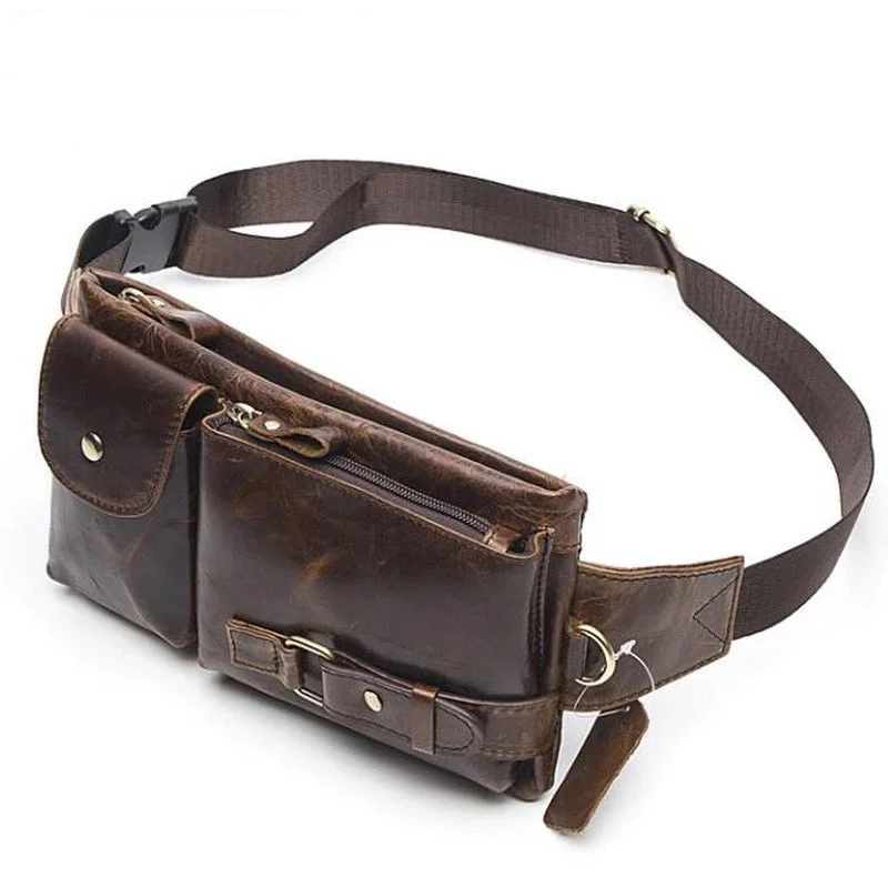 Vintage-inspired backpack with brass buckle details -Leather Travel Waist Pack