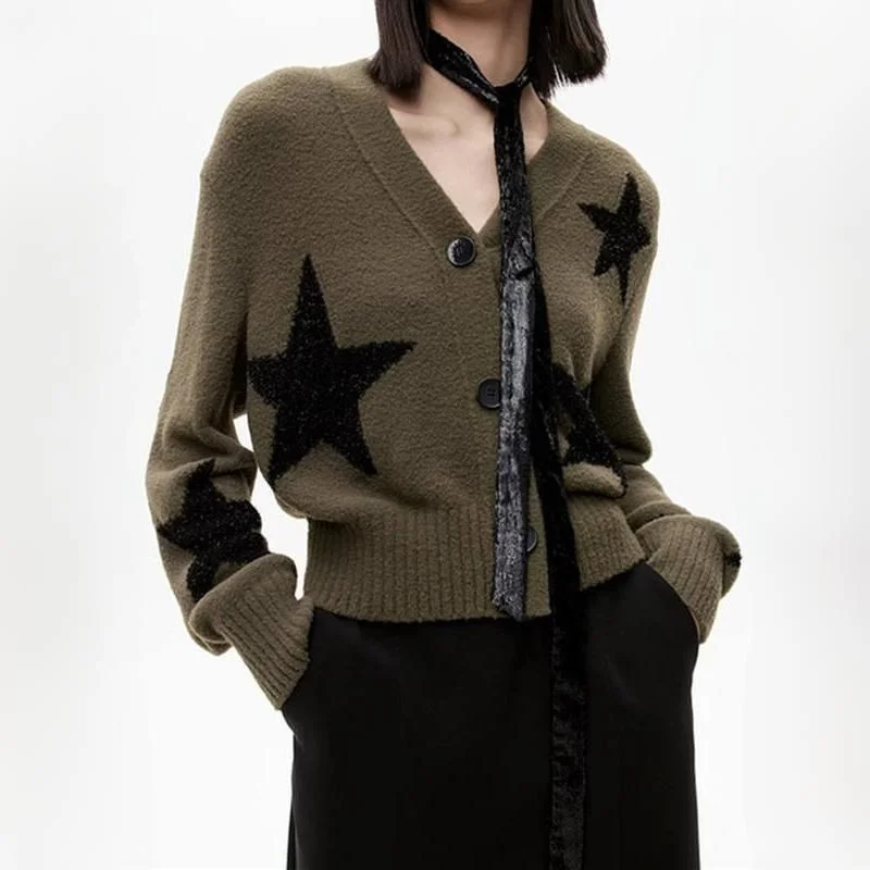 Round - neck cardigan for a cute appearance -Women Stars Pattern V-Neck Cardigan