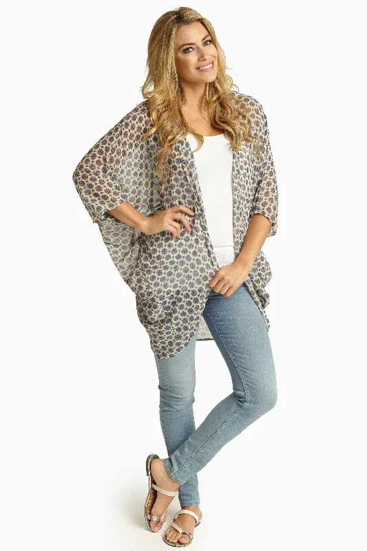 Button - front cardigan for easy wearing -Ivory Print Chiffon Cardigan