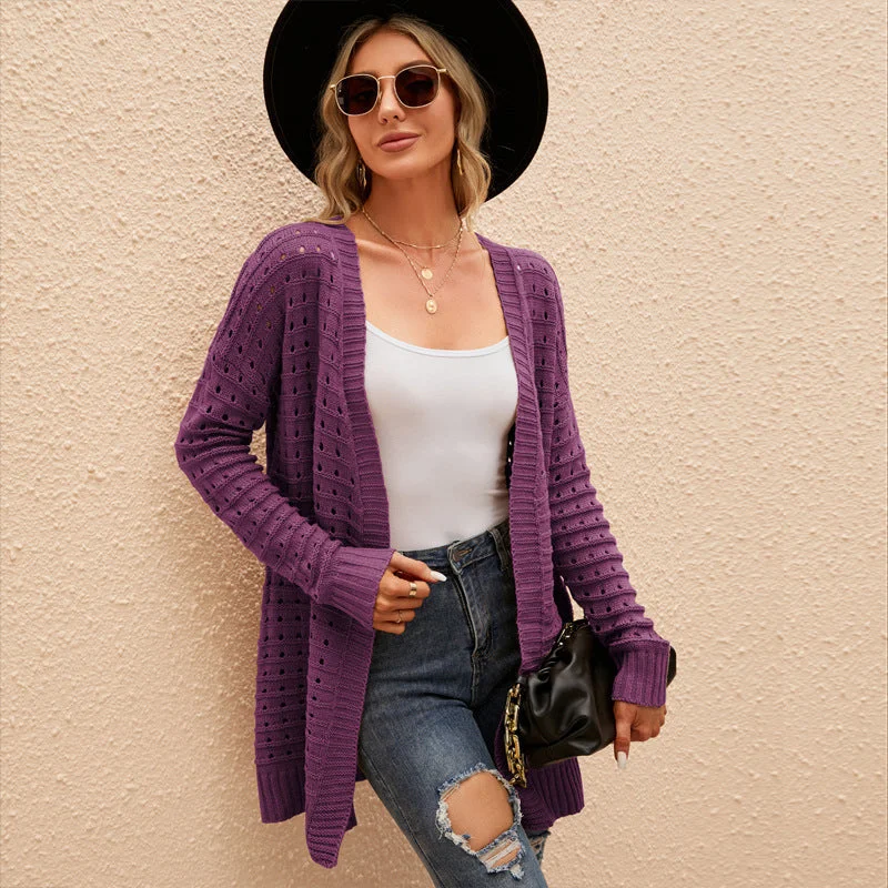 Semi - formal - event cardigan for a refined look -Women's Solid Color Hollow-out Knitted Cardigan Loose Sweater Coat