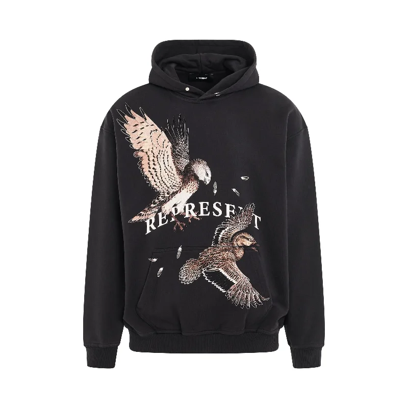 Foldable travel backpack for easy packing convenience -Birds of Prey Print Hoodie in Faded Black