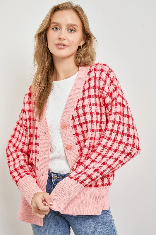 Garden - party cardigan for a charming look -Pink V-Neck Plaid Woven Cardigan