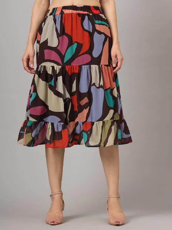 Orange Dresses for Energetic -Abstract Printed Flared Midi Skirt