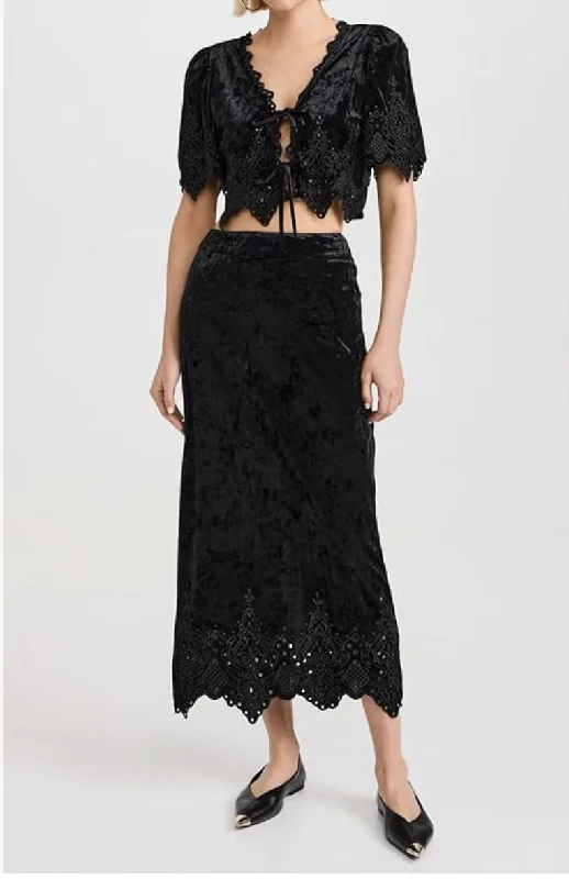 Buttoned Dresses for Stylish -Moon River Velvet Eyelet H Line Midi Skirt