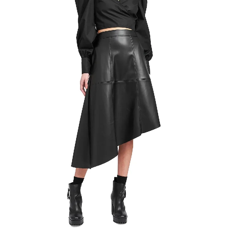 Buttoned Dresses for Stylish -En Saison Womens Faux Leather Asymmetric A-Line Skirt