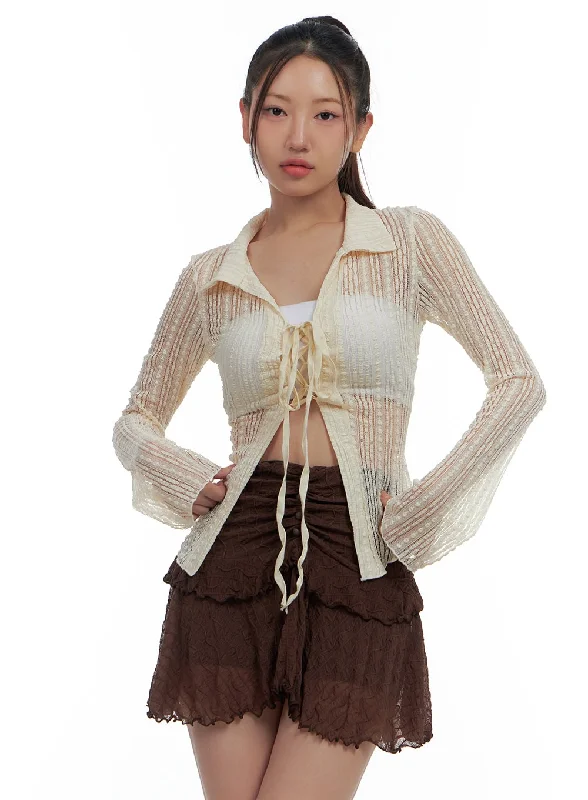 Blue - cardigan for a classic and calm look -Sheer Strap Corset-Style Crop Cardigan CS424