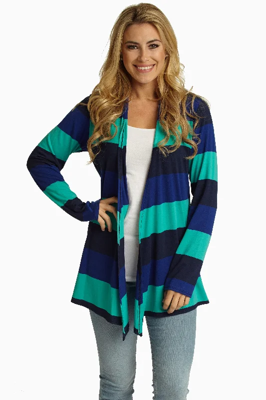 Machine - knitted cardigan for durability -Royal Jade Navy Striped Colorblock Cardigan